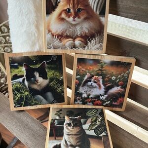 Hand Crafted Cat‎ Art Coasters - Brown, Black, White
